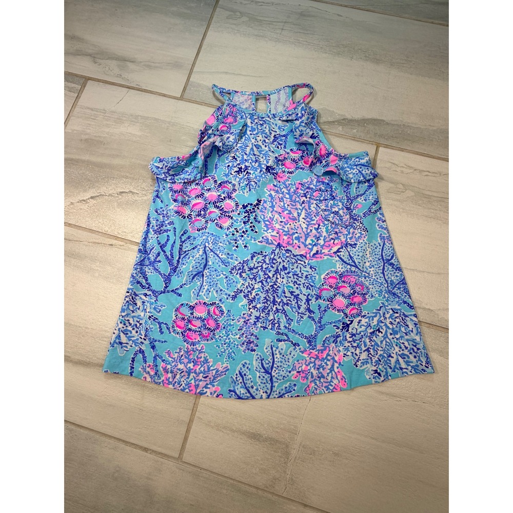 Lilly Pulitzer XXS Blue Pink Coral Print Ruffle Halter Top Keyhole Back